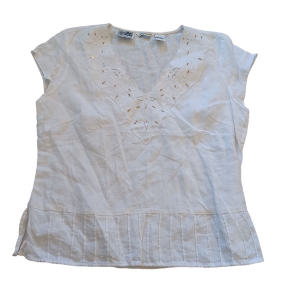 Richard Malcom Irish Linen Cap Sleeve Embellished V Neck Top Large - Picture 1 of 8